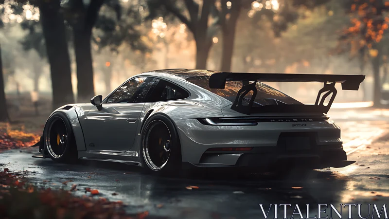Widebody Porsche GT3 RS cuts through misty autumn park