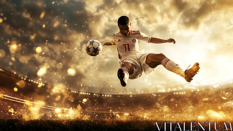 Dynamic mid‑air soccer volley under dramatic golden stadium light