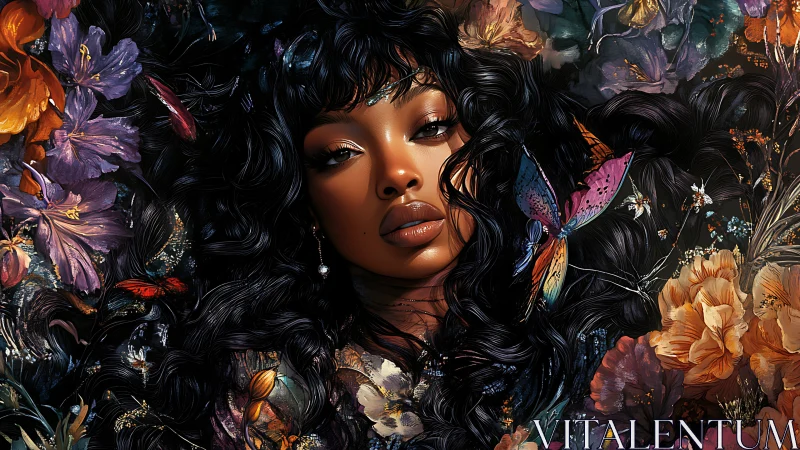 Digital portrait merges floral bloom and luminous beauty.