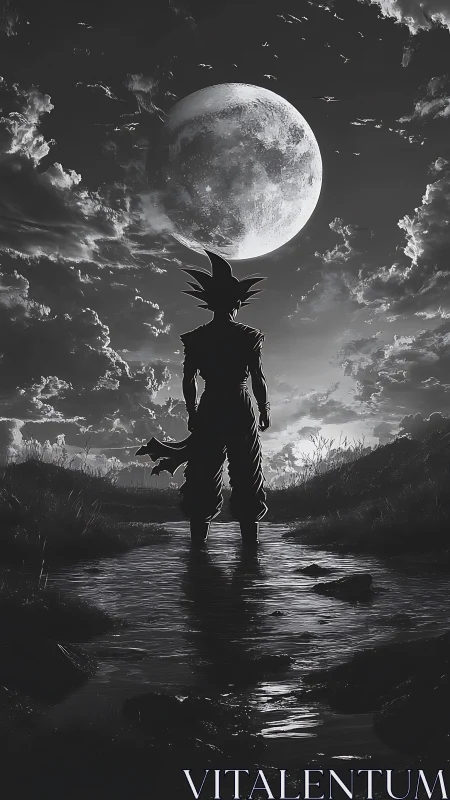 Warrior silhouette confronts massive moon over dark marsh.