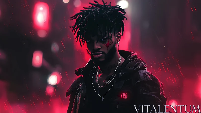 Neon‑lit antihero stands in rain-soaked cyber city glow