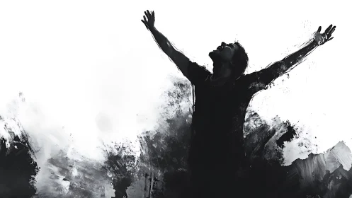 Silhouetted figure rises from abstract ink storm in triumph