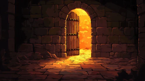 Stone dungeon corridor with glowing open doorway at end.