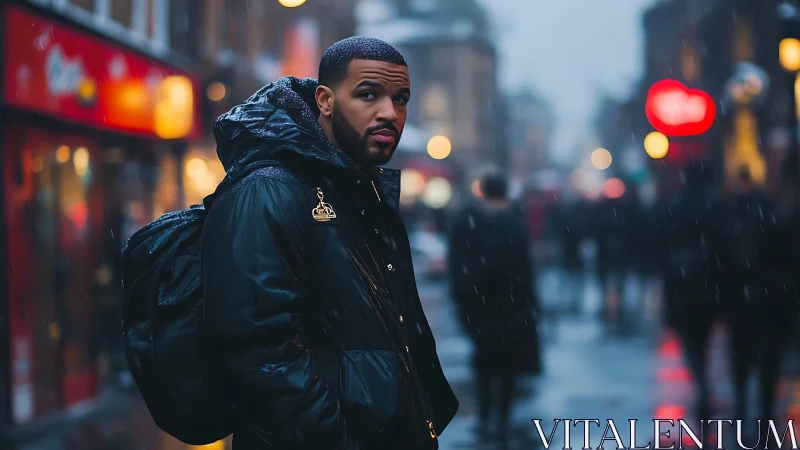 Man in black parka walks through rainy neon city evening.