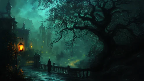 Nighttime walkway overlooks misty town and large twisted tree