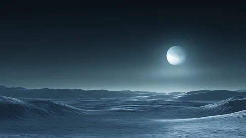 Lunar-lit cryogenic landscape renders atmospheric depth and calm