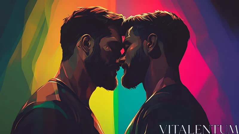 Two male figures in profile against multicolor gradient background.