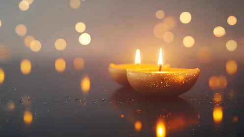 Golden votive candles glowing in soft bokeh haze.