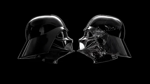 Darth Vader Helmets in Frontal Opposition on Black Background.