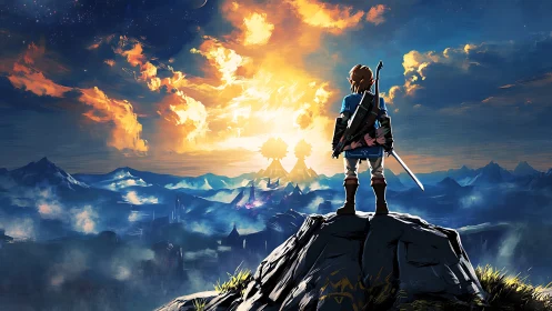 Brave young hero greets a glowing fantasy sunrise over peaks