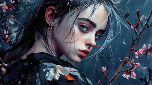 Melancholic girl amid blossoms in moody digital painting.