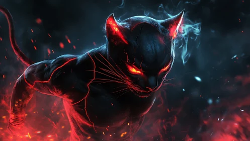 Anthropomorphic feline figure with molten red light accents.