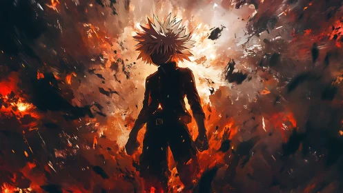 Anime silhouette amid explosive inferno, dynamic backlit framing.