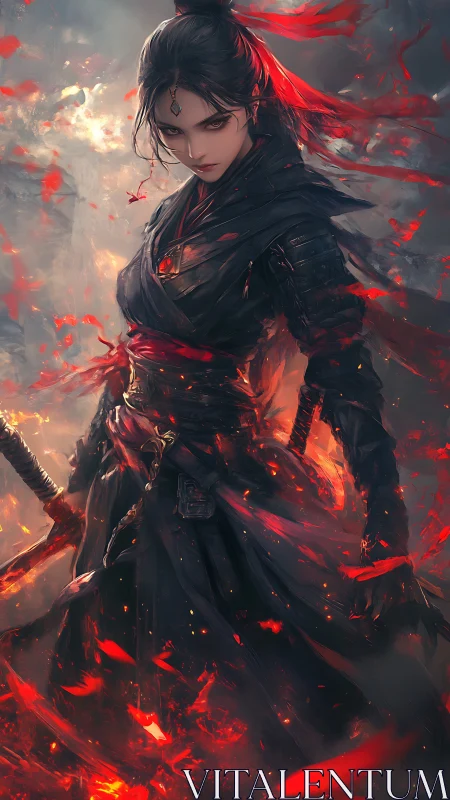 Fire-wreathed warrior stands in swirling ember storm