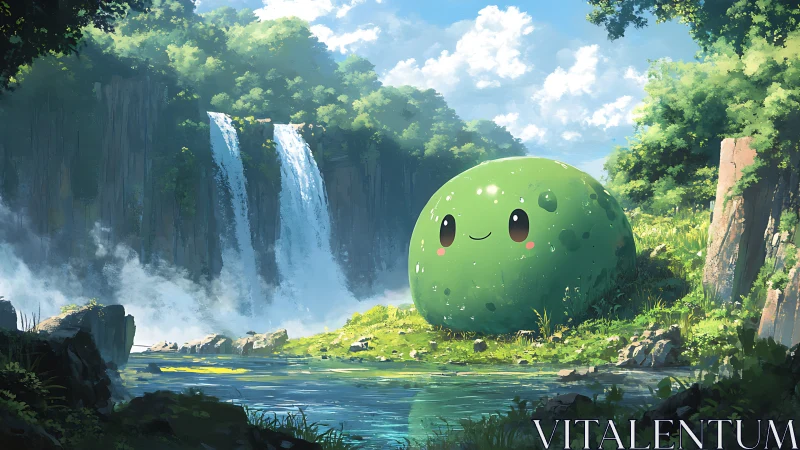 Mossy river sprite smiles quietly beside roaring waterfalls