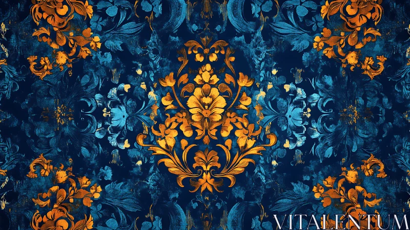 Baroque floral damask with mirrored gold and cyan ornamental symmetry