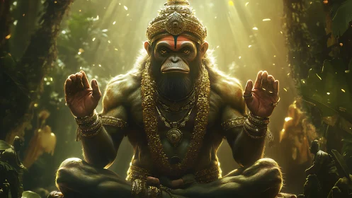 Mythic simian deity meditating in jungle with golden backlight