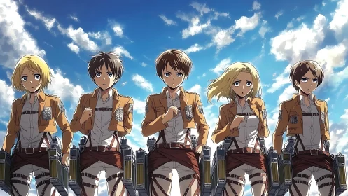 Five uniformed anime soldiers stand aligned under cloudy sky