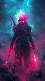 Cyberpunk neon ronin with dual blades in volumetric haze.