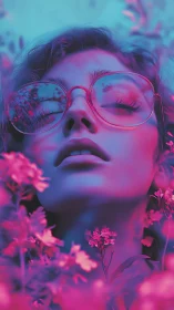 Neon lit portrait of woman with glasses among flowers.