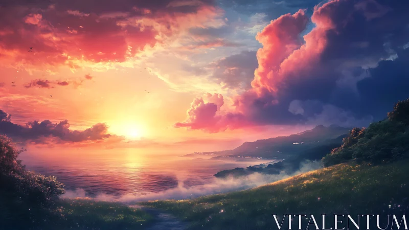 Sunset light intersects coastal hills, sea and stratified clouds