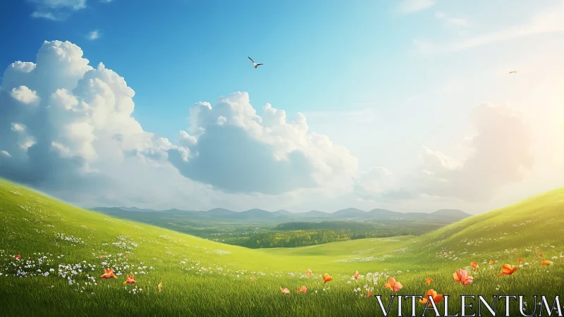 Sunlit green valley stretches under towering summer clouds