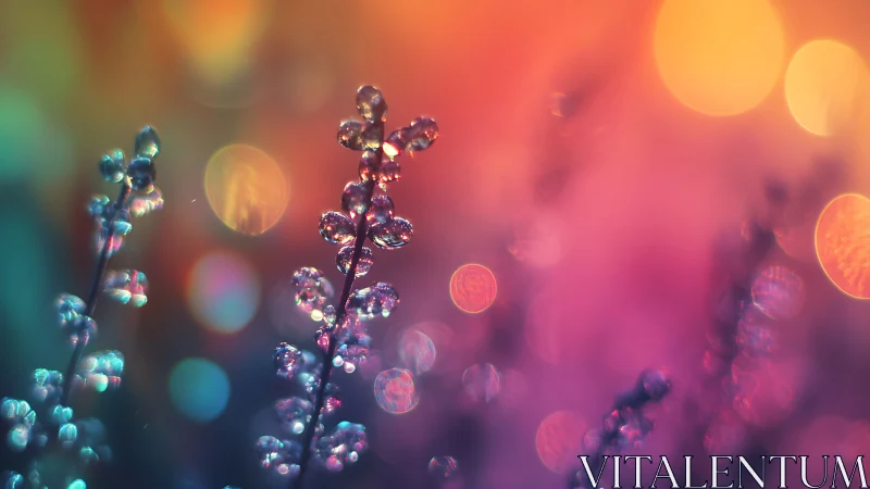 Macro plant stems with dew against multicolor bokeh field.