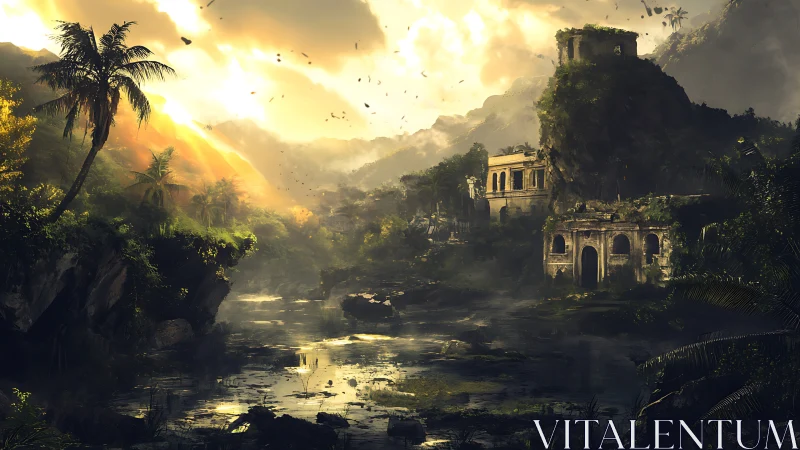 Sunlit jungle ruins with atmospheric depth composition.