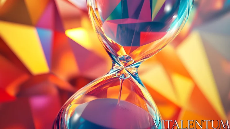 Abstract hourglass close-up with vibrant geometric background.
