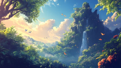 Sunlit fantasy waterfall mountain glows in lush jungle calm
