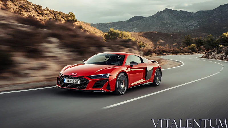 Red mid‑engine sports coupe negotiating mountain switchback road.
