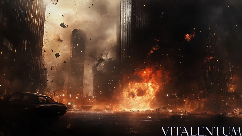 Urban street engulfed in large-scale explosion at night.