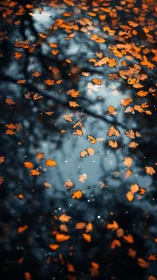 Autumn leaves drifting over dark reflective water surface.