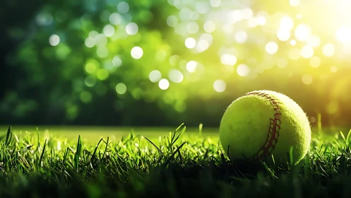 Macro closeup of neon tennis ball on sunlit grass field