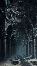 Gothic fractal cathedral corridor dissolving into eerie mist.