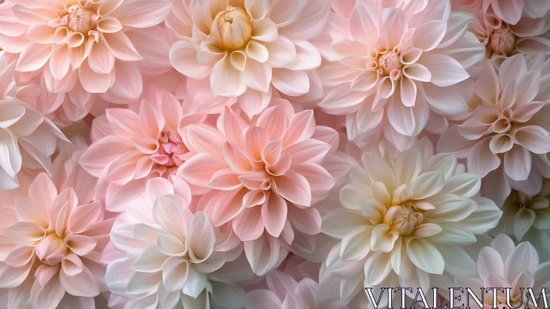 Soft-focus pastel dahlias in layered macro bloom arrangement.