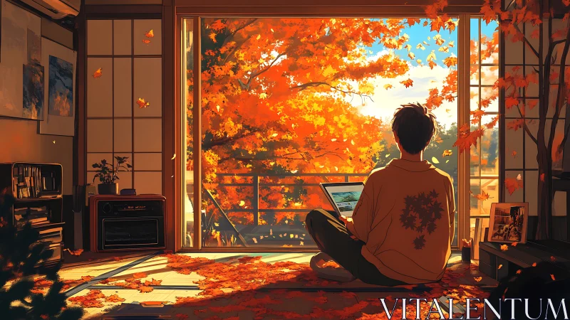 Person with laptop observing autumn foliage through balcony doors.