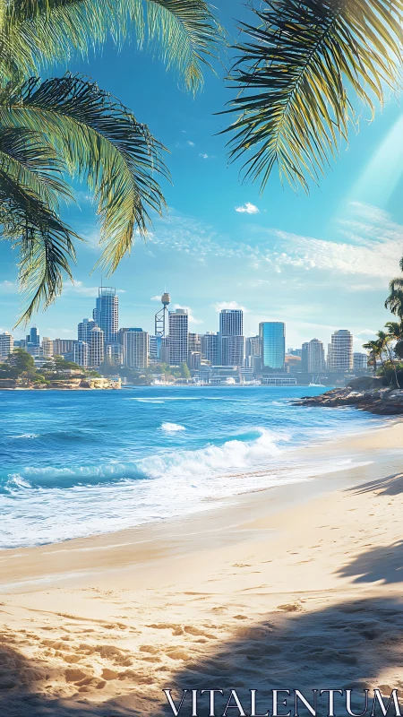 Urban Skyline Framed by Tropical Palms and Crystalline Waves