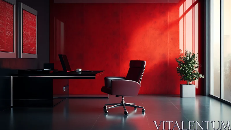 Modern executive office with red wall and black furniture.