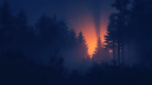 Forested Twilight: Luminous Dawn Breaking Through Coniferous Silhouettes