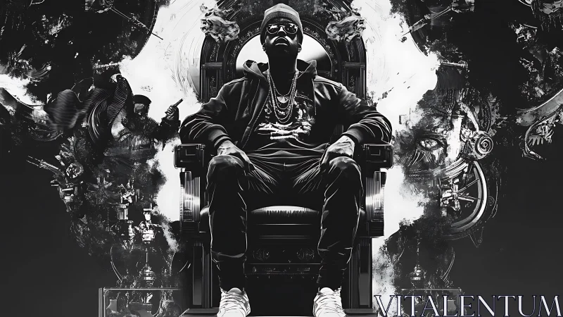 Monochrome throne king in swirling urban mythscape.