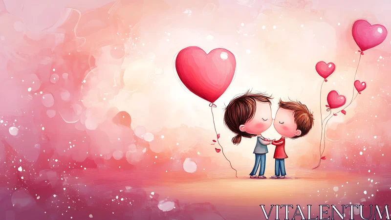 Two Figures with Heart Balloon in Pink Gradient Setting