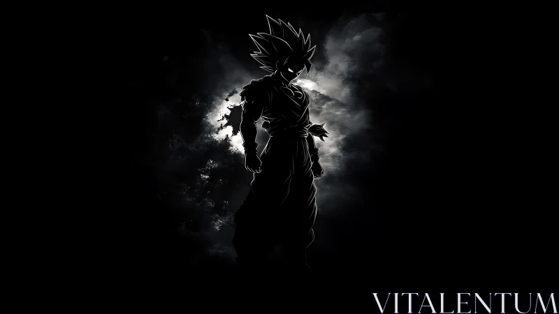 Silhouetted spiky-haired warrior against stormy light burst.