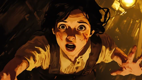 Panicked heroine reaches upward in a dramatic golden fall