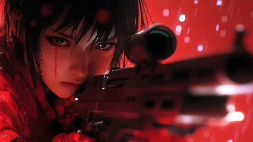 Red drenched sniper girl with bleeding tear in rainfall.