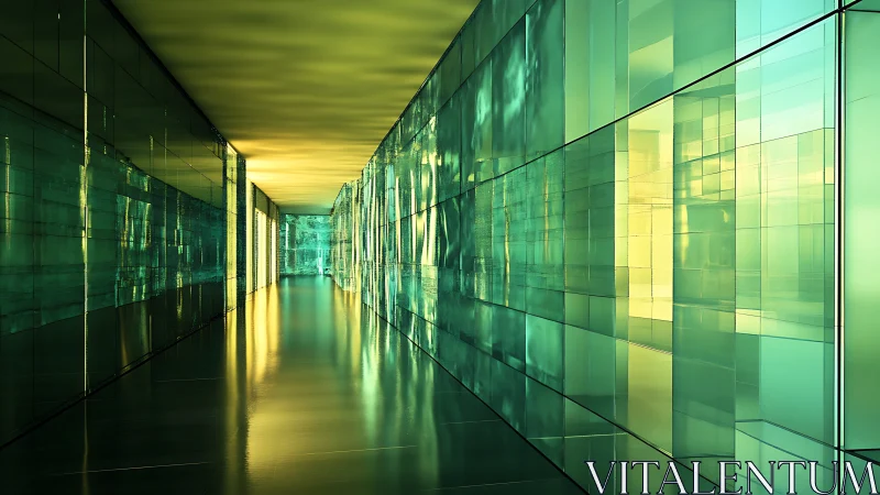 Luminous glass corridor with reflective teal and gold panels.