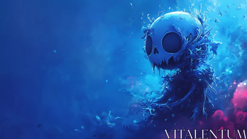 Ethereal skull spirit rises in swirling blue nebula mist.