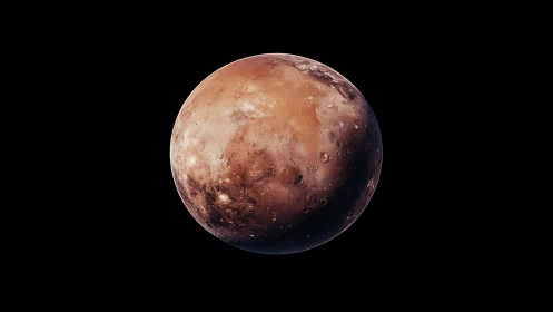 Photorealistic isolated Mars sphere on deep black field.