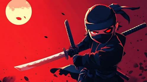 Cel-shaded chibi ninja brandishes katana against crimson moon