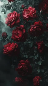 Deep Red Roses Against Dark Atmospheric Foliage